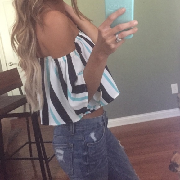 Navy/Mint Striped Off-the-shoulder Crop Top - Picture 5 of 5